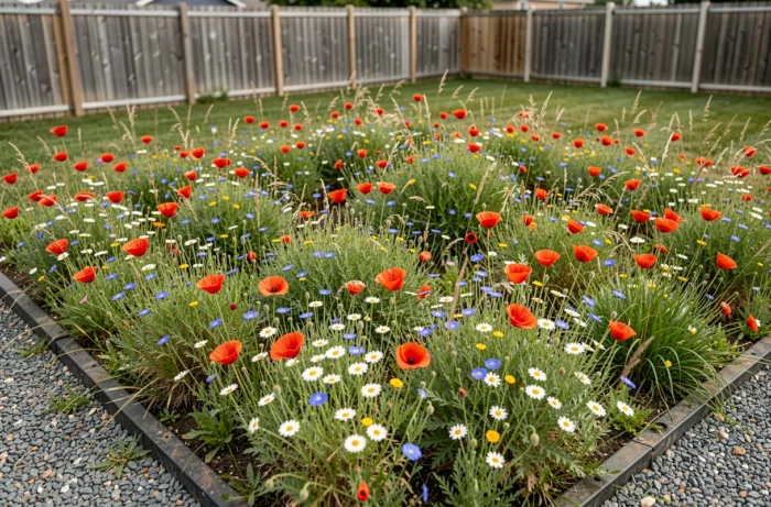 Prairie fleurie semée directement au-dessus d'un champ d'épuration avec coquelicots, bleuets et marguerites formant un tapis coloré et naturel
