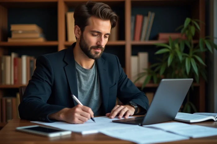 Un homme préparant un entretien d'embauche avec un dossier entreprise imprimé, des notes manuscrites et une tablette