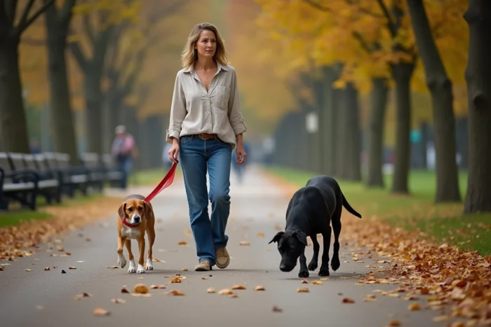 Femme promenant ses deux chiens en laisse dans un parc urbain aux couleurs d'automne