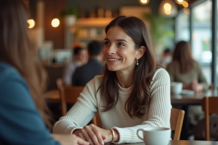 Une femme pratiquant l'écoute active dans un café, entièrement concentrée sur son interlocuteur avec attention et présence