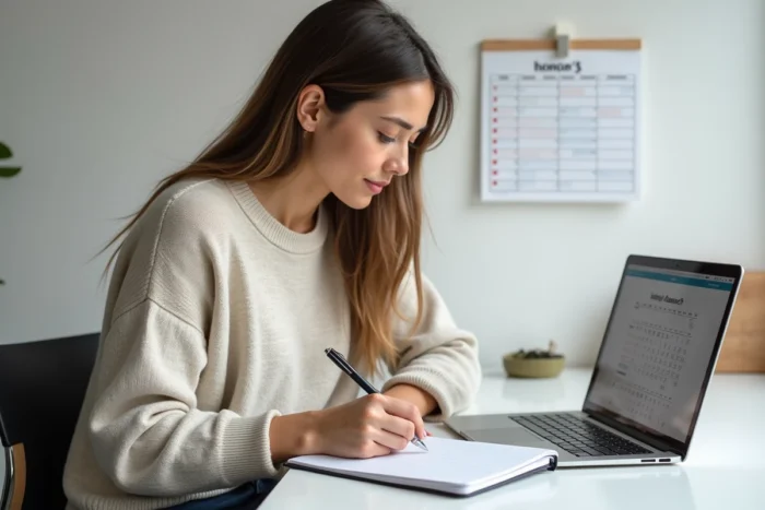 Une femme fixant un quota hebdomadaire de candidatures dans son agenda devant un tableau de suivi sur ordinateur