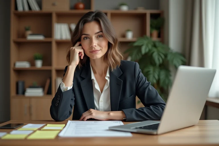 Une femme professionnelle organisée devant son bureau avec CV, notes et ordinateur ouvert sur un portail emploi