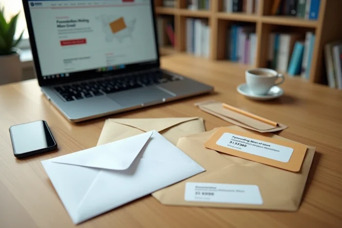 Bureau avec ordinateur portable affichant un service de réexpédition de courrier en ligne et enveloppes redirigées