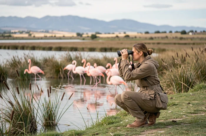 Birdwatcher observing pink flamingos in the marshes of the Aiguamolls de l'Empordà Natural Reserve, surrounded by reeds and lagoons