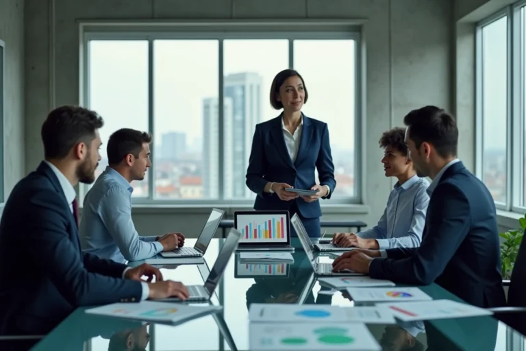 Réunion d'équipe autour d'une table connectée dans un bureau moderne pour accélérer la transformation digitale en entreprise