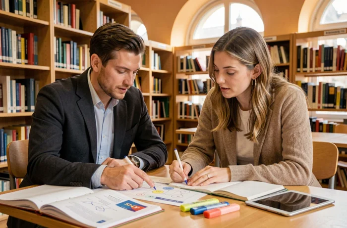 Deux candidats qui révisent ensemble des exercices de tests psychotechniques SNCF avec des documents imprimés dans une bibliothèque calme