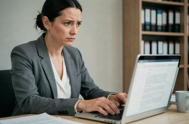 Femme hésitante devant un écran d'ordinateur affichant des documents confidentiels, illustrant les risques juridiques liés à la consultation de fuites de données