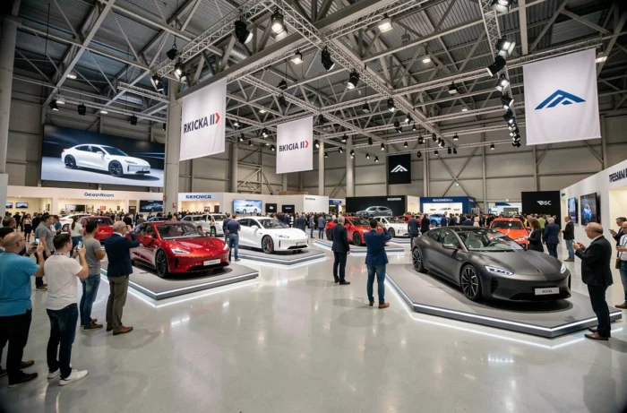 Vue grand angle du salon international de l'automobile 2024 avec des voitures concept sur podiums et des visiteurs nombreux