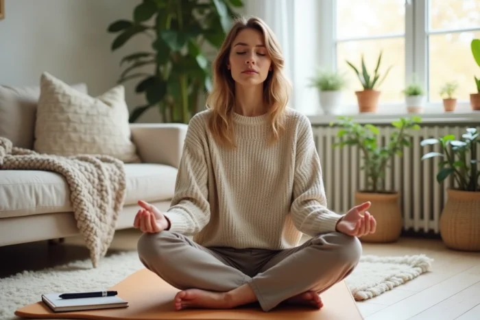 Une femme faisant une pause de pleine conscience sur un tapis de yoga avec un journal pour protéger sa santé mentale lors de sa recherche d'emploi