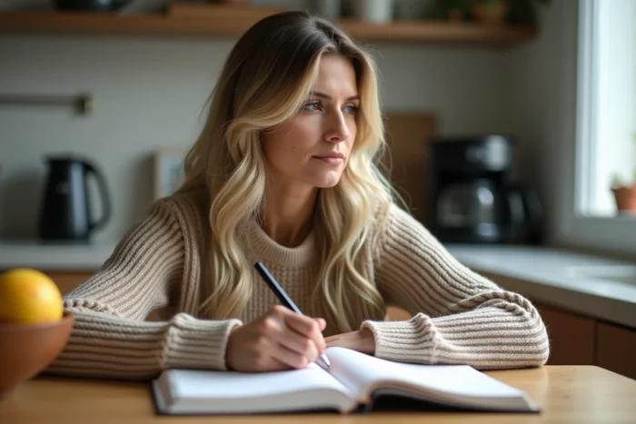 Une femme se remettant en question avec sérénité dans son journal personnel à la table de cuisine, conservant sa confiance en elle