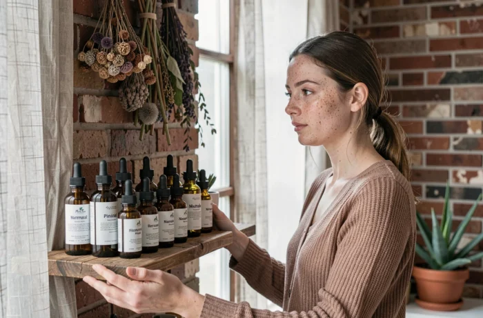 Jeune femme aux taches de rousseur examinant des sérums naturels et huiles végétales sur une étagère en bois style scandinave
