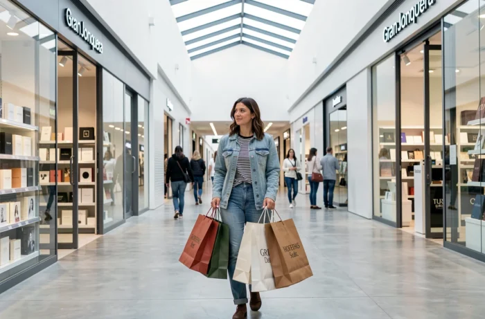 Woman shopping with brand bags in the modern aisles of the Gran Jonquera Outlet Mall in La Jonquera
