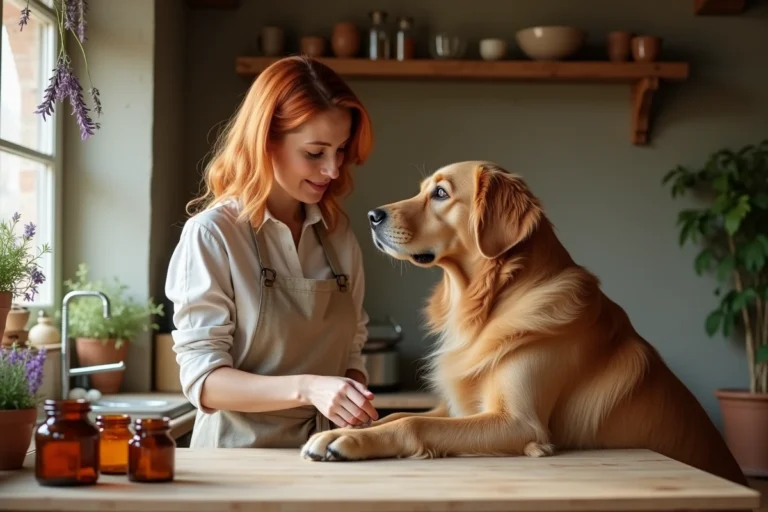 Femme appliquant un baume naturel à base de plantes sur la patte d'un golden retriever dans une cuisine rustique avec des remèdes naturels en bocaux ambrés