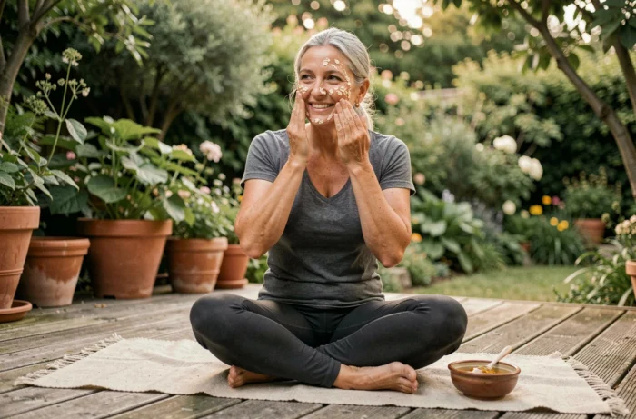 Femme de 40 ans appliquant un masque naturel au miel et à l'avoine sur une terrasse en bois entourée de verdure