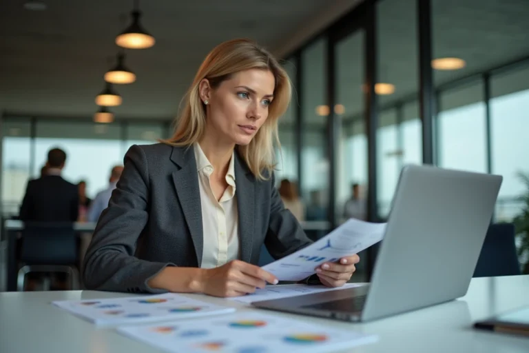 Professionnelle analysant une stratégie B2B sur des documents et un tableau de bord numérique dans un bureau moderne