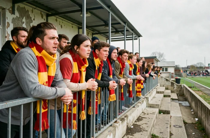 Supporters tendus dans les tribunes d'un stade de Fédérale 3 lors d'un match crucial pour la montée