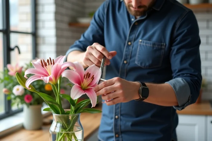 Homme qui taille le pistil d'un lys rose dans un vase en verre sur un plan de travail de cuisine moderne