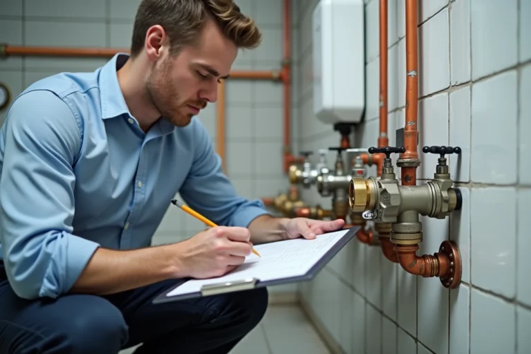Technicien examinant un système de distribution d'eau RIBO-T avec des tuyaux en cuivre dans une chaufferie résidentielle