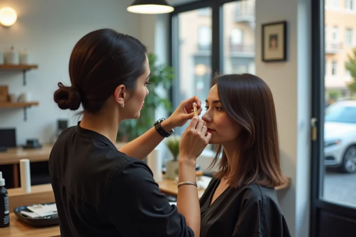 Coloriste appliquant une technique de grey blending sur les cheveux bruns d'une cliente dans un salon de coiffure moderne et lumineux