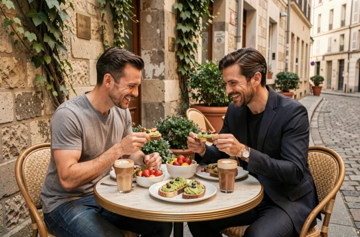 Couple partageant un brunch tendance sur une terrasse de café urbain, actualités gastronomiques et tendances food du moment