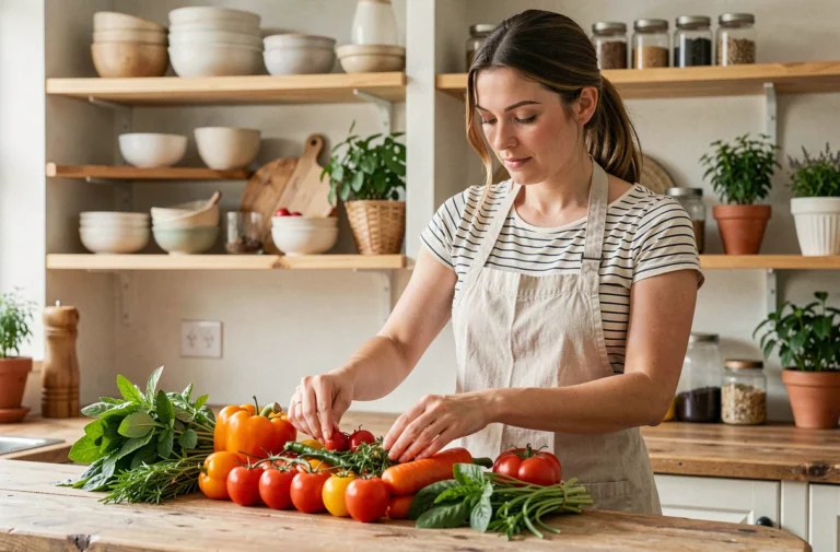 Femme préparant des légumes frais et des herbes aromatiques dans une cuisine familiale rustique, tendances food et cuisine du quotidien