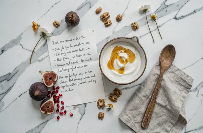 Flat lay éditorial de recette automnale avec figues, grenades et yaourt au miel sur marbre blanc, tendances food et inspiration culinaire