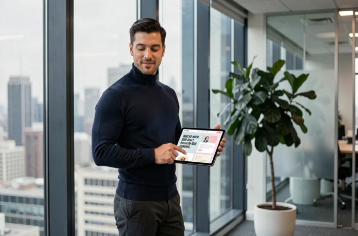 Desarrollador web masculino sosteniendo una tableta con maquetas de diseño web de tendencia frente a una vista urbana