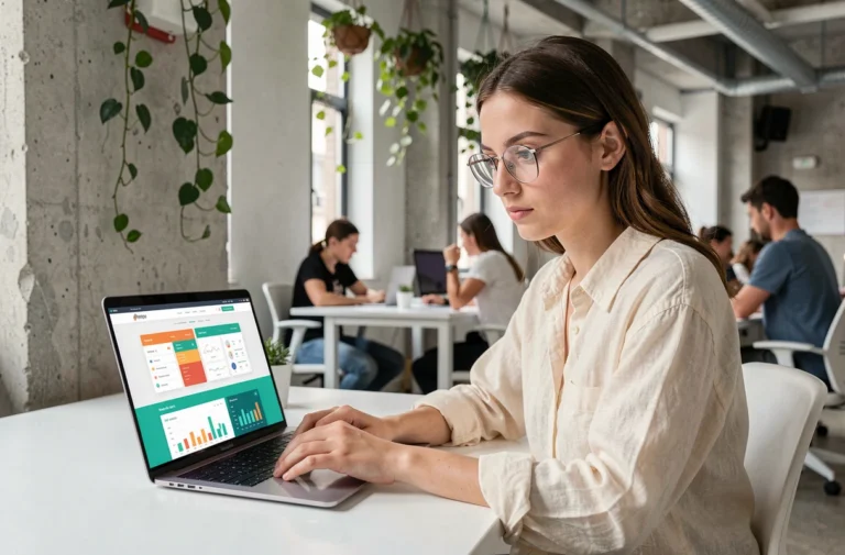 Jeune femme professionnelle analysant des tendances web sur un ordinateur portable dans un espace de coworking moderne