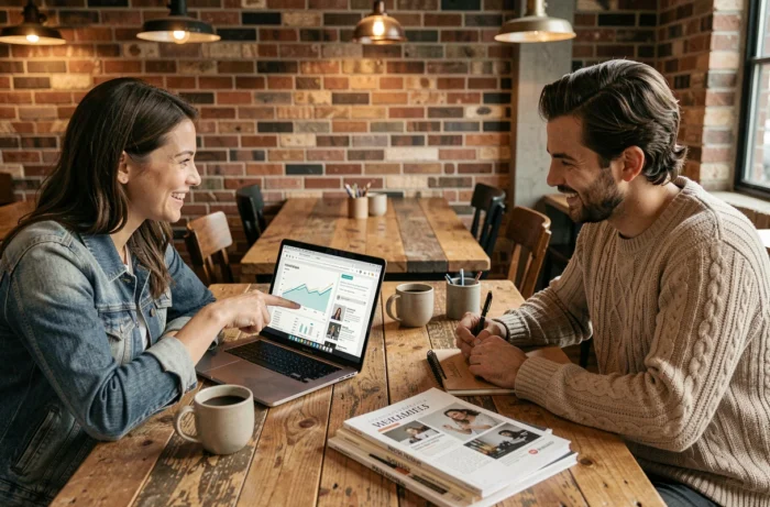 Dos profesionales digitales discutiendo las últimas tendencias web alrededor de un ordenador portátil en un café creativo