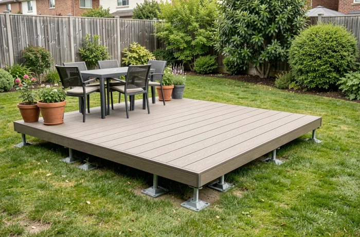Terrasse sur plots réglables sans fondation posée directement sur la pelouse d'un jardin résidentiel au-dessus d'une zone de fosse septique