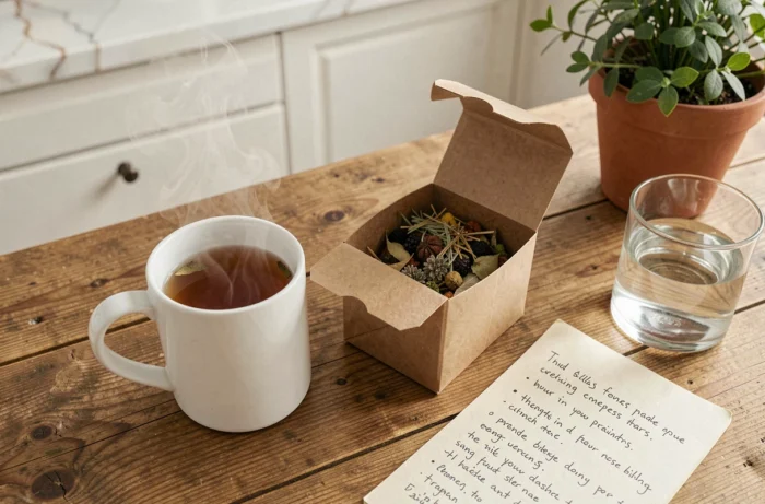 Tasse de tisane détox Lulutox avec boîte et herbes séchées sur une table en bois