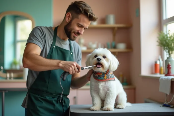 Toiletteur professionnel soignant un bichon frisé blanc dans un salon de toilettage pour animaux