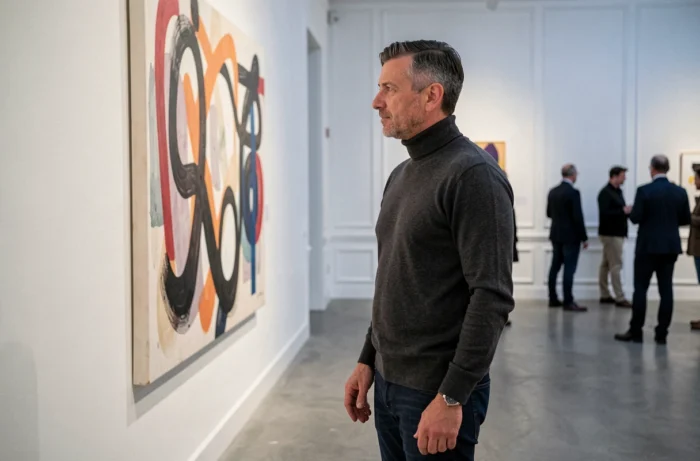 Mann, der ein abstraktes Kunstwerk während einer Vernissage in einer modernen Kunstgalerie in Lyon betrachtet