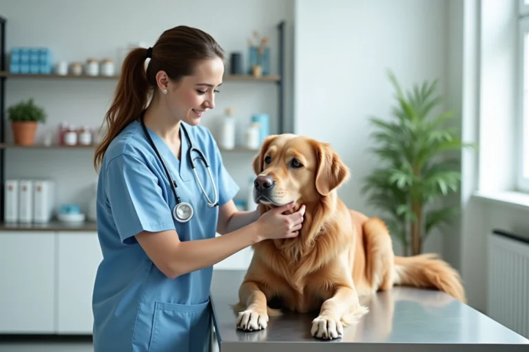 Vétérinaire examinant un golden retriever dans une clinique vétérinaire moderne et professionnelle