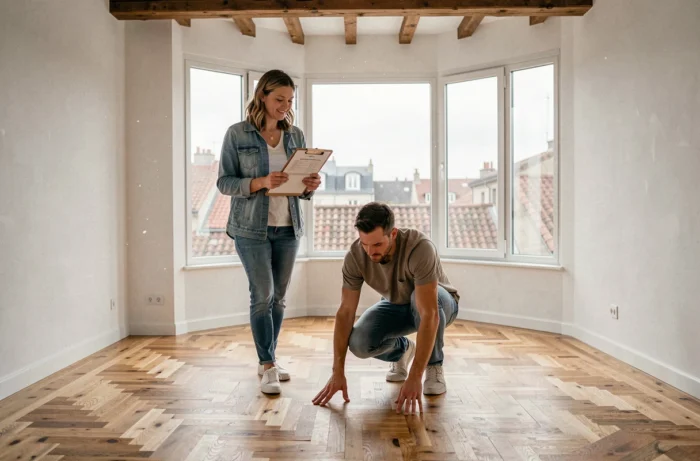 Casal visitando um apartamento vazio com piso de madeira antiga e vista para os telhados de uma cidade de província francesa para investimento locativo