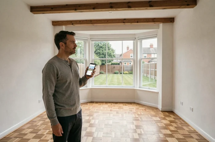 Homme visitant seul un salon vide et lumineux avec parquet et poutres en bois lors d'une visite immobilière