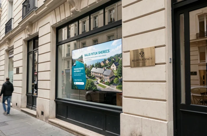 Real estate agency window with a digital screen displaying motion design animations in the city