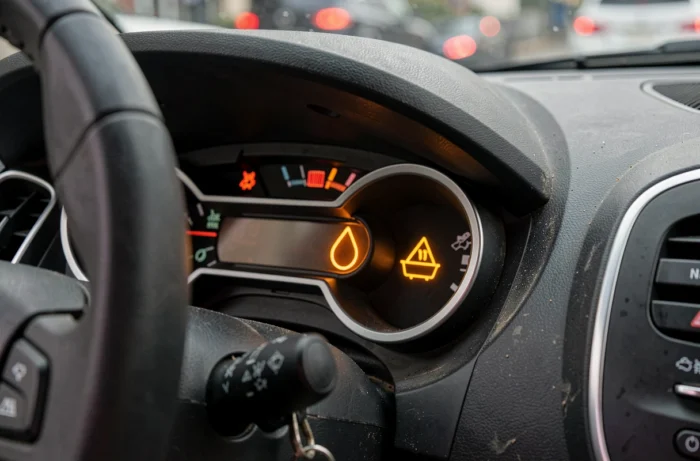 Voyant goutte d'eau et bassine allumé sur le tableau de bord d'une Renault Clio 3
