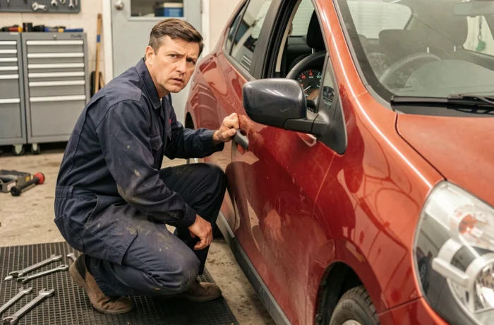 Mécanicien inspectant le tableau de bord d'une Renault Clio 3 rouge avec le voyant goutte d'eau allumé
